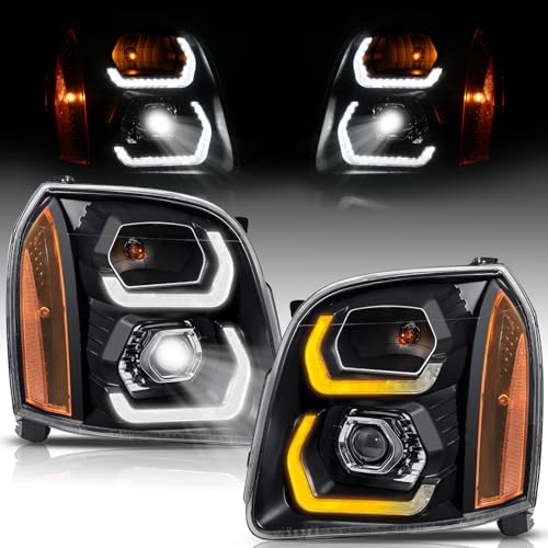 ELH 500% Brighter LED DRL Projector Headlight Assembly Compatible With 2007 2008 2009 2010 2011 2012 2013 2014 GMC Yukon/Yukon XL 1500/2500 Chrome Housing with Amber Reflector