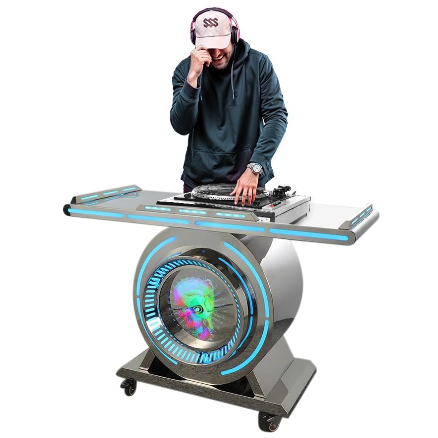 Ultra Portable DJ Table Stand with LED Ambient light,Stainless Steel DJ Booth Luminous Portable bar Counter with 3D LED Screen For Nightclub,Parties,Rental Business.
