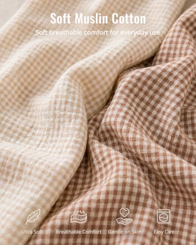 Image of Blissful Diary Muslin Bassinet Sheet, 2 Pack, Beige Gingham & Brown Gingham | fitted for bassinet mattress, soft and breathable cotton, boho style, easy care for machine wash, gift for boy and girl