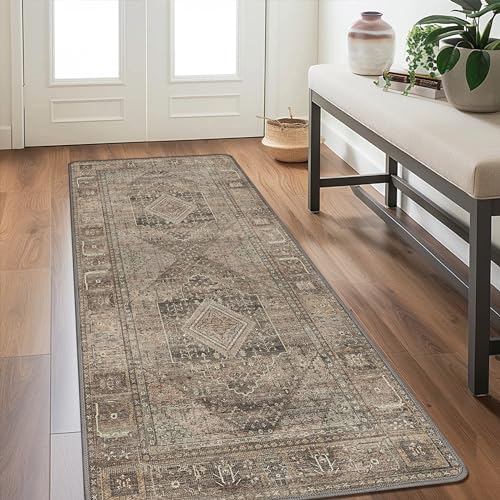 GENIMO 3x8 Non Slip Hallway Runner Rug, Machine Washable, Thin & Low Pile Lightweight for Kitchen, Laundry, Entryway, Bedroom & Living Room, TAN