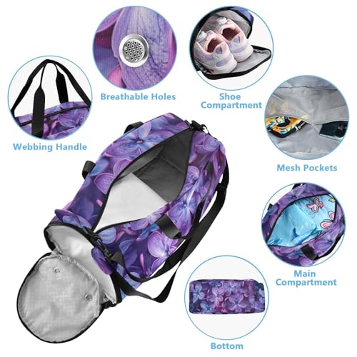Purple Flowers Duffle Bag for Girl, Sports Duffle Gym Bags with Shoe Compartment, Personalized Overnight Bag Travel Weekender for Kids3