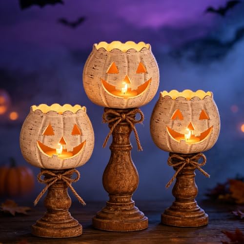 Rustic White Pumpkin Tealight Candle Holder Set Farmhouse Halloween Pumpkin Tea Light Candle Holders Decor Fall Tables Centerpieces for Thanksgiving & Halloween Party