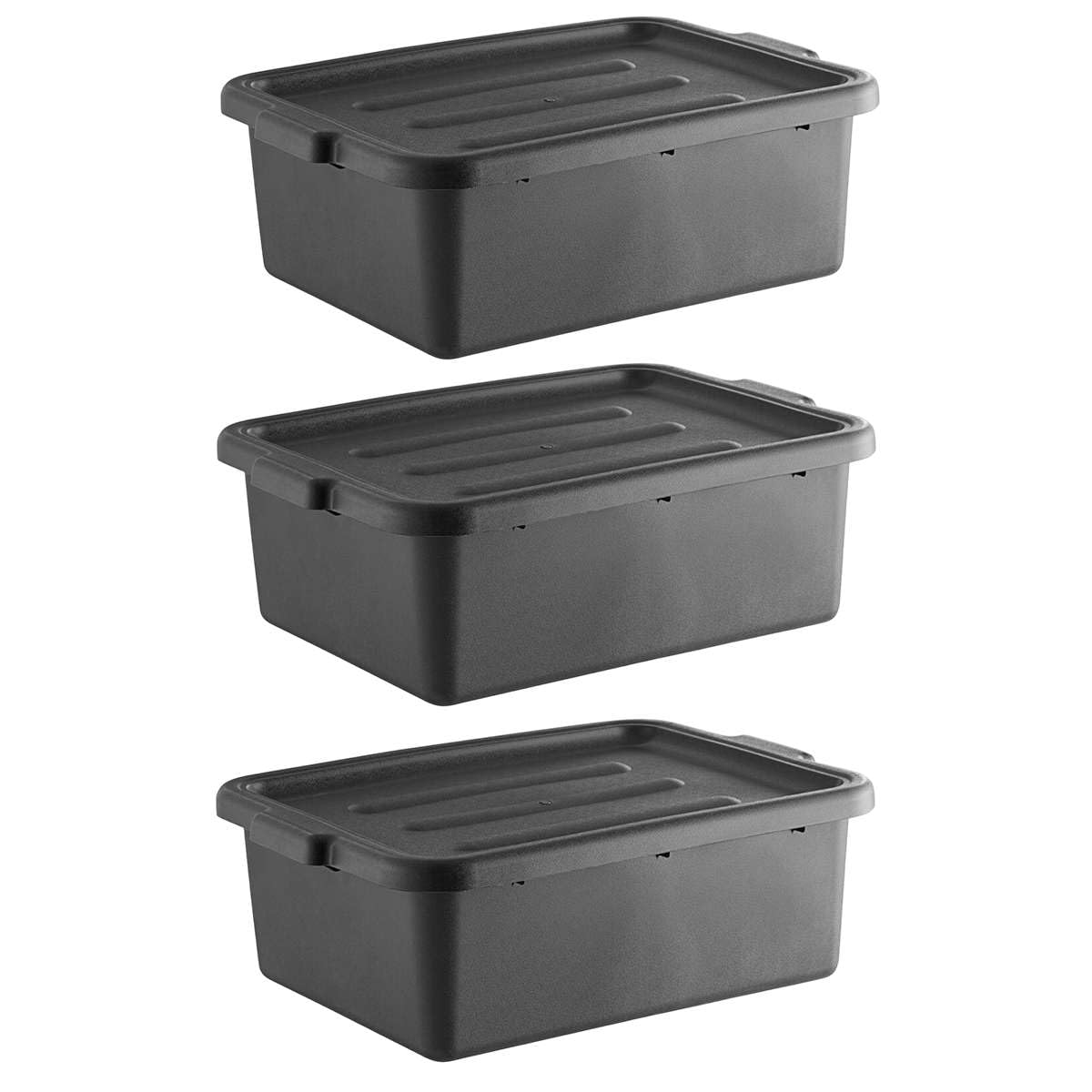 3-Pack 20" x 15" x 7" Commercial Bus Tub/Bus Box - 9 Gallons with Lid - Stackable Dish Storage Boxes for Home Kitchen, Pantry, or Garage Organization – Heavy-Duty and Freezer-Safe - Black