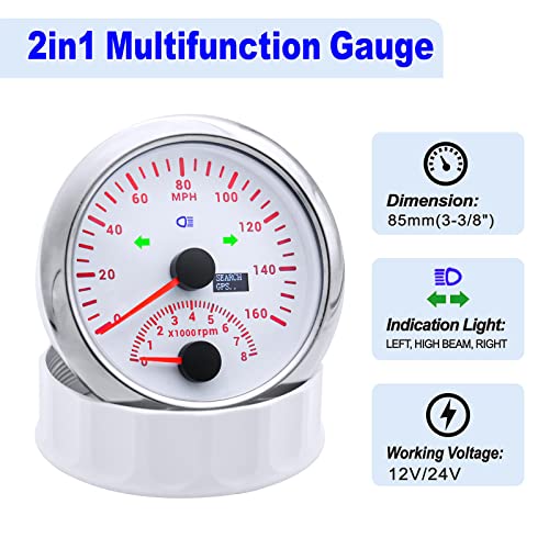 Image of ARTILAURA GPS Speedometer 0-160MPH with Tachometer 8000 RPM Gauge 85mm 3-3 /8 inch Boat GPS Speedometer Gauge with Antenna for Car Marine (White)
