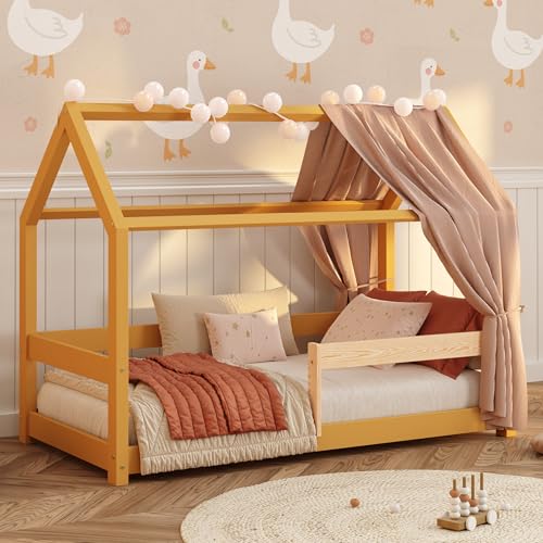 smartwood Letto Casetta 90x190 in Legno Massello - Letto Montessori Bambini in Giallo con Sponda & Rete fino a 230 kg - Design Scandinavo - Per Bambini e Bambine - Facile da Montare - MILO