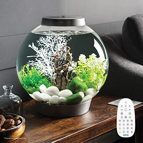 Image of biOrb Classic 15 Acrylic 4-Gallon Aquarium with Multi-Color Remote-Controlled LED Lights Modern Compact Tank for Tabletop or Desktop Display, Silver