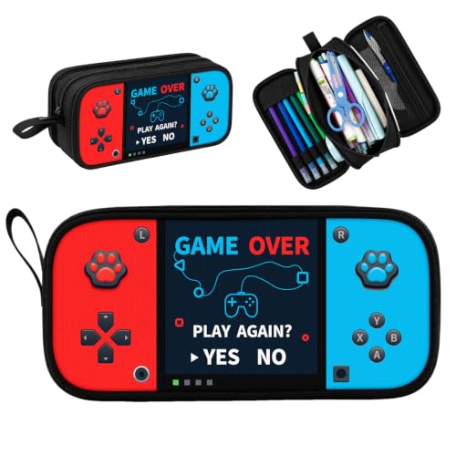 Easozoom Game Controller Pencil Case for Boys Kids Teens Large Capacity Pencil Pouch with 3 Compartments 7 Pockets and Label Pocket for School College Office Travel (Red & Blue)