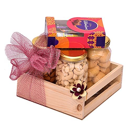Image of NUTRI MIRACLE Rakhi Dry Fruit & Nut Gifts For Brother /Bhai /Family With Ethnic Rakhis,Almonds,Cashews,Raisins,Cookies,Celebrations N Tilak Kit,450gm
