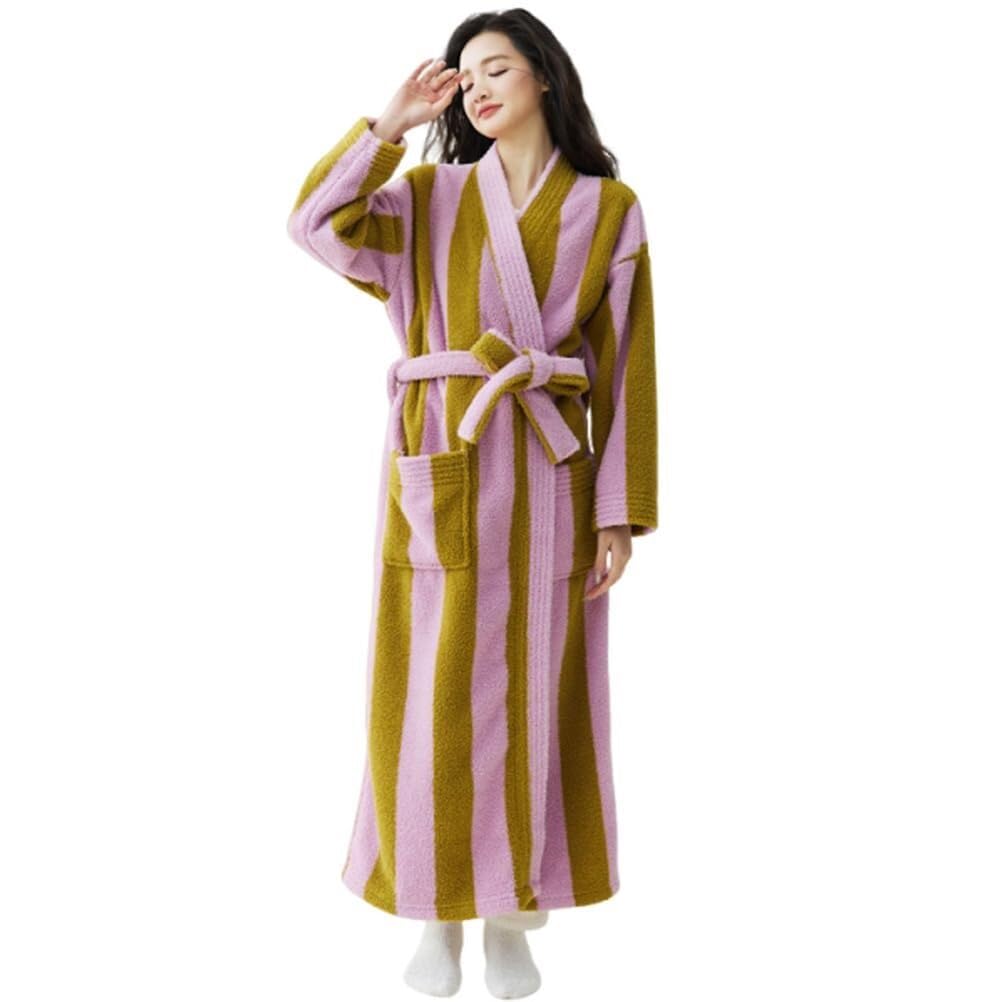 Honkerw Women's Rose Bath Robes Striped Fuzzy Long Bath Robe Soft Fluffy Absorbent Bathrobe Warm Lightweight Loungewear Sleepwear Towel(,Xl)