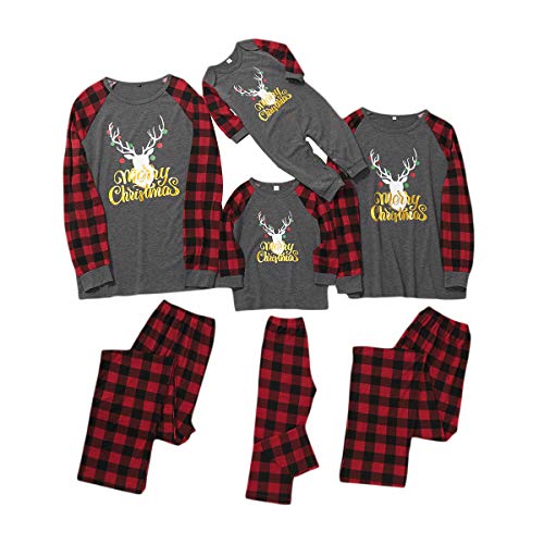 Matching Family Pajamas Sets Merry Christmas Long Sleeve Tee and Red Plaid Pants Loungewear (Dark Grey, Women-Medium)