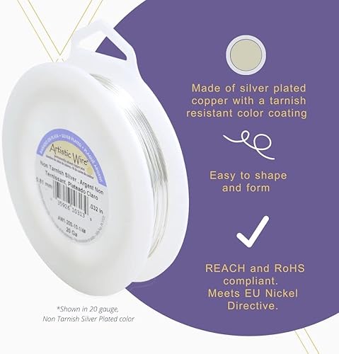 Miniatura 4 de Artistic Wire, Alambre de cobre de color chapado en plata de calibre 28, resistente al deslustre, color dorado, 498 pies