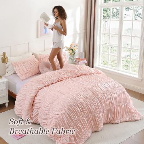 Image of weigelia Cinched Comforter Set Queen - 3PCS Soft Cozy Blush Pink Queen Bedding Set with Decorative Ruched Design, Fluffy Lightweight All Season Cute Comforter for Elegant Home & Bedroom Decor