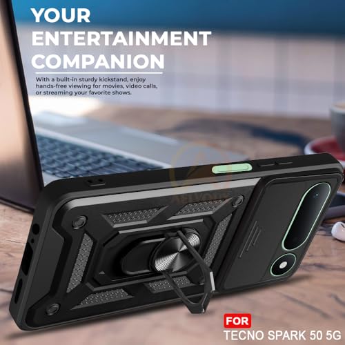 Image of Armor Bumper Back Cover Case for Tecno Spark 50 5G | Rotating Camera Cover, Ring Holder & Kickstand | Heavy Duty & 360 Degree Protection Back Cover (Black)