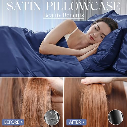 Image of Madison Park Essentials Satin Sheets Queen Size Bed Set, 6 Piece, Navy | Luxury and Smooth Silky Bedding with Natural Sheen, All Around Elastic 14 inch Pocket fits up to 16 inch Mattress, Year-Round Cozy