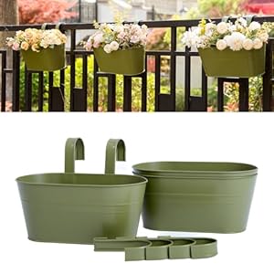 3 Pack Metal Hanging Flower Pots for Railing Fence，Outdoor Balcony Rail Planter with Detachable Hooks Drainage Holes for Deck Garden Home Decor Green