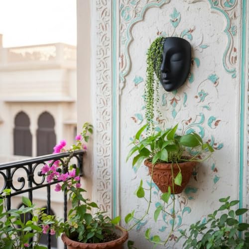 Image of Ceramic Lady Face Wall Hanging Planter (7 Inches, Black) | Abstract Face Vase for Indoor Plants | Succulent Planter for Living Room, Balcony & Office Decor | Aesthetic Home Decor Gift
