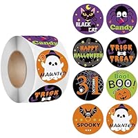 500 Stück Halloween Aufkleber Rolle (8 Motive) - Süße Kürbis, Fledermaus & Geisterspinnen Sticker für Party, Schule, Fensterdeko 2,5cm Vinyl Aufkleber für Kinder & Erwachsene, DIY Geschenk
