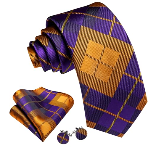 Image of Barry.Wang Tie Sets for Men Plaid Necktie Set Woven Pocket Square Cufflinks Handkerchief Cufflinks Party Wedding, Prussian Blue Orange