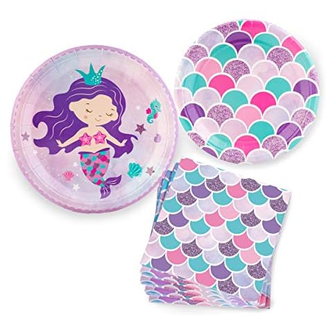 Mermaid Plates and Napkins Serves 16 Guests - Set of 48 Pcs including Large Dinner Plates, Small Dessert Plates, and Napkins - Ideal for Birthday Baby Shower Under The Sea Mermaid Themed Parties Cover