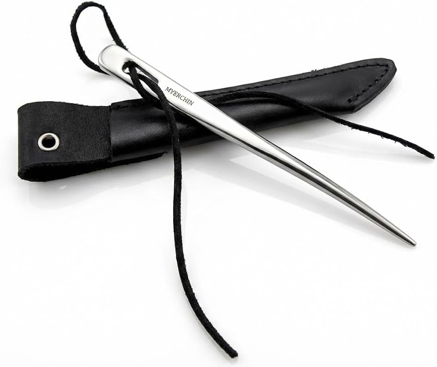 Myerchin A009 Professional Marine Marlinspike - Solid Stainless Steel Splicing Tool with Genuine Leather Sheath & Bonus Lanyard Strap - 6.65"