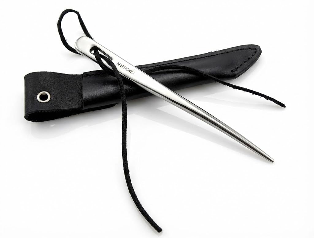 A009 Professional Marine Marlinspike - Solid Stainless Steel Splicing Tool with Genuine Leather Sheath & Bonus Lanyard Strap - 6.65"