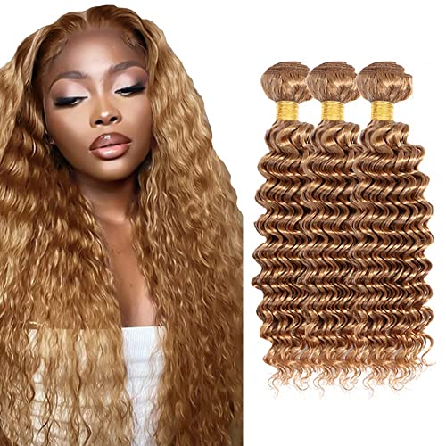 Honey Blonde Human Hair Bundles Deep Wave Bundles Human Hair #27 Blonde Bundles 16 18 20 Inch Unprocessed Blonde Deep Wa