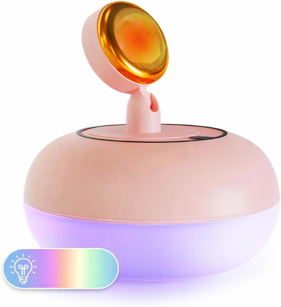 USB Aroma Diffuser with LED Light Ring, Wood Grain Finish, Touch On/Off Switch, Mist Vent, 8 Hour Auto Shut Off (2 in 1 Lamp Humidifier Sunset Lamp)