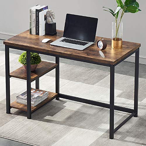 UnaFurni Office Computer Desk with Shelves, 47 Inch Study Writing Desk Wood and Metal, Rustic Industrial Home Office Workstation with Storage, Vintage Brown