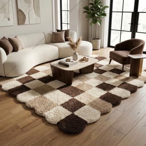 Image of SWEET HOMES Brown Beige Carpet for Living Room Shaggy Checkered Area Rug | Ultra Soft Irregular Shape, 6 x 8 Feet (183 x 244 cm), Beige-Brown A1