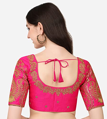 Image of Pujia Mills Women's Phantom Silk Embroidery Handwork & Sequin Work Peacock Design Half Sleeve Readymade Blouse (Mor Blouse Gold 38 Size+Margin)