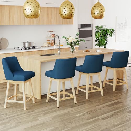 Image of Swivel Counter Height Bar Stools Set of 4, Modern Fabric Swivel Barstools with Contoured Back and Solid Wood Legs, Upholstered Counter Stool Bar Chairs for Kitchen Island, Home Bar, Blue