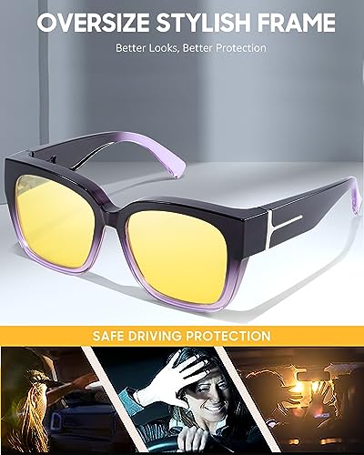 IGnaef Trendy Oversized Fit Over Night Vision Driving Glasses Anti Glare for Women Polarized Nighttime Glasses IF75114