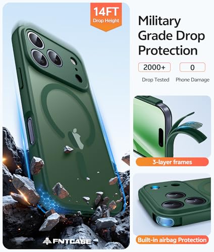 Image of FNTCASE for iPhone 17 Pro Max Case: [Compatible with Magsafe] Translucent Matte Cases with [Full Camera Protection] [Screen Protector] Military Grade Shockproof Protective Phone Cover - Green