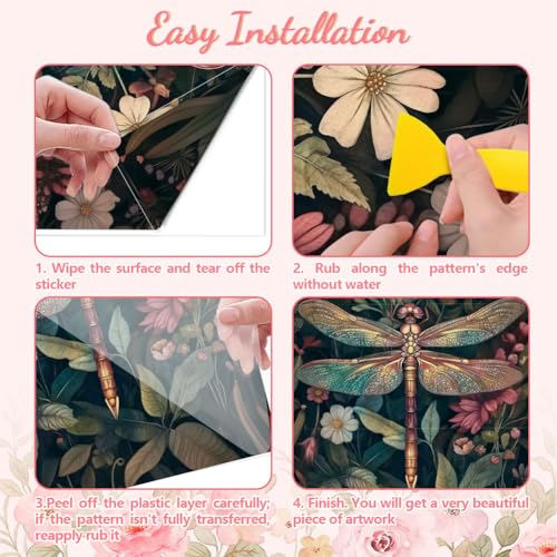Peacoblue Rub on Transfer Decal Sticker for Furniture Craft Decor 15x30cm Vintage Dragonfly and Flowers - Image 2