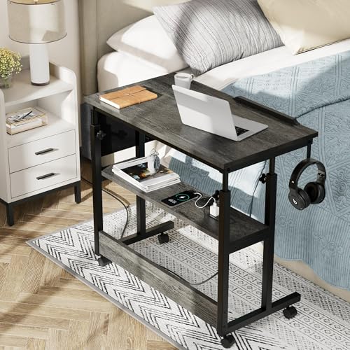 Image of YITAHOME Height Adjustable Table with Charging Station, Portable Desk with Wheels, Small Standing Rolling Computer Desk with Tiltable Tabletop and Storage Bag, Grey