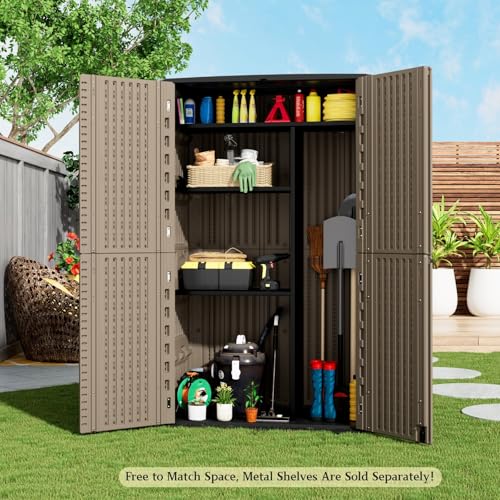 Image of ZZM Large 67 Cu.ft Waterproof Storage Shed, Outdoor Storage Cabinet,Durable Resin Sheds for Patio Furniture, Garden Tools, Pool Accessories, Mower Storage (Coffee)