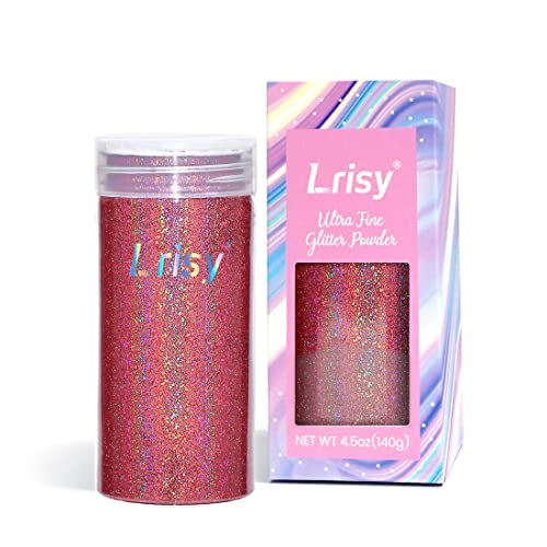 Lrisy - Polvo holográfico extrafino con tapa agitadora, lentejuelas de purpurina para resina epoxi, limo, vasos, uñas y artes de pintura, 140 g (rosa holográfico ultra delgado)