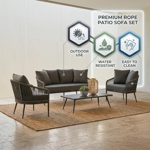 Image of LOCCUS Outdoor 5 Seater Rope Woven Patio Sofa Set with Center Table - All-Weather Conversation Set for Balcony, Garden, Terrace & Poolside | Waterproof UV-Resistant Patio Furniture Set (Grey)