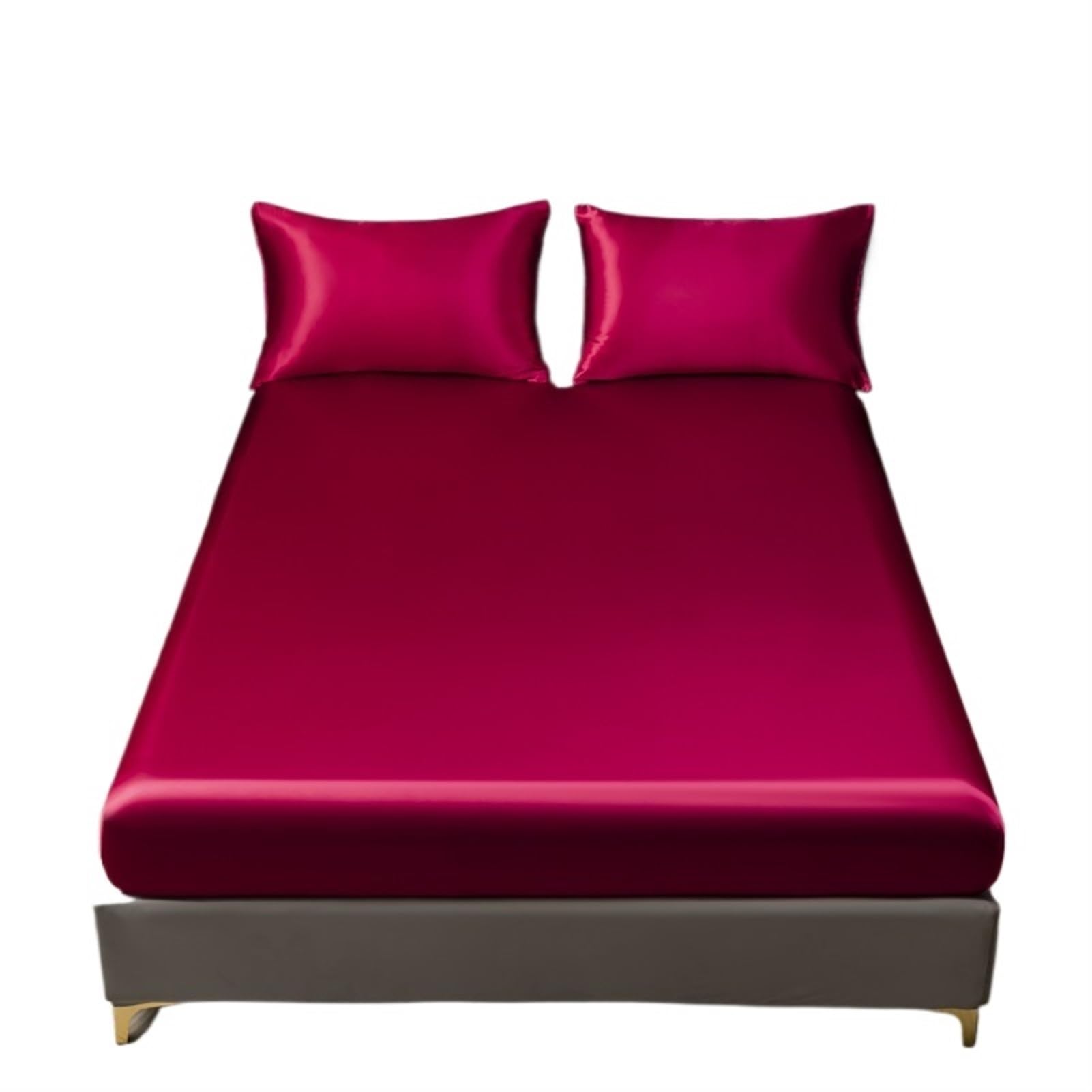 LPHFDCS Silk Bed Sheets 1Pc Satin Fitted Sheet Solid Colour Twin Full Queen Ice Silk Mattress Cover Natural With Elastic Band Bed Sheet Ice Silk Sheets(Burgundy Red,Twin 99x190x30cm)