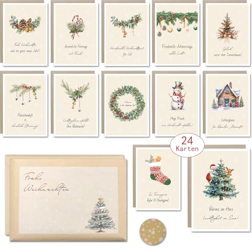 Szhhrxi Juego de 24 tarjetas de Navidad (12 diseños) con sobre y pegatinas, A6, tarjetas postales de Navidad, divertidas tarjetas de felicitación de Navidad, 300 g/m²