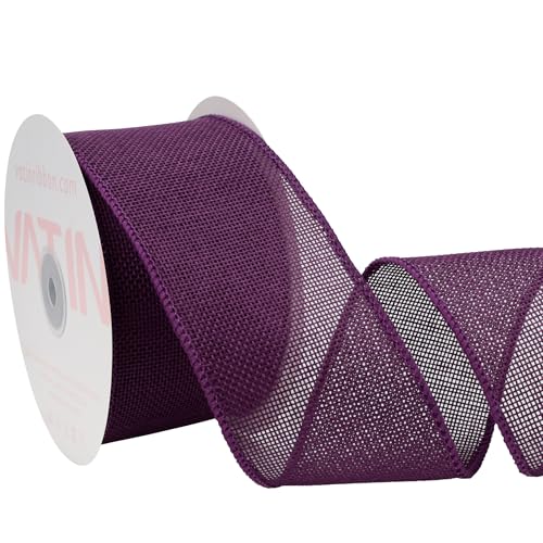 VATIN Dark Purple Burlap Wired Ribbon 2-1/2 inch X 10 Yards Fabric Craft Ribbon for Party Decorations,Big Bow,DIY Wreath Craft, Outdoor Decoration