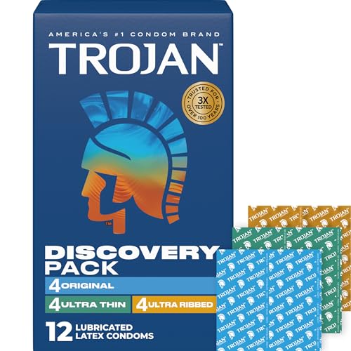 Trojan Discovery Pack, Assorted Latex Lubricated Condoms for Men, Original, Ultra Thin & Ultra Ribbed Varieties, 12 Count