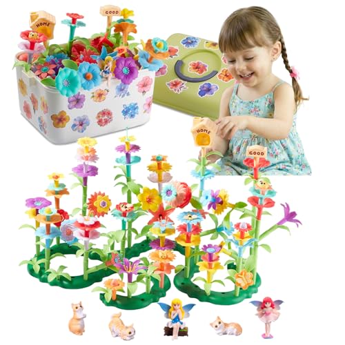 TNILOAL Flower Garden Building Toys, STEM Educational Block Set for Toddlers Ages 3-5, 194 Pcs Non-Toxic Stacking Playset with Storage Box, Birthday for Preschool Kids