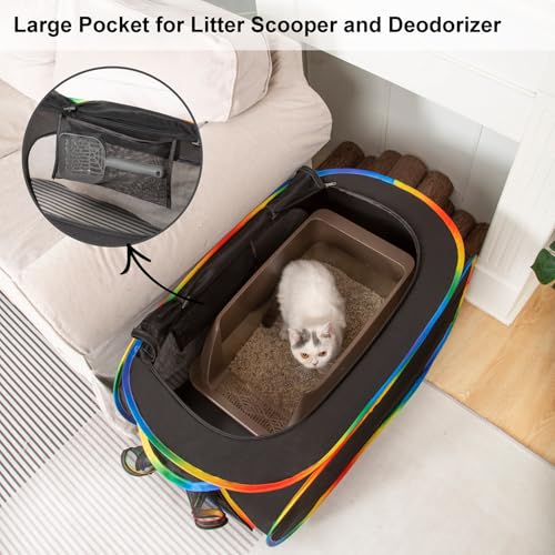 LUCKITTY Portable Cat Litter Box Enclosure, Pop Up Hidden Litter Box Furniture with Big Pocket for Living Room, Bedroom, Made by Waterproof Oxford & Breathable Mesh, Black-Rainbow, 32\" L×19\" W×19\" H - Thumbnail 4
