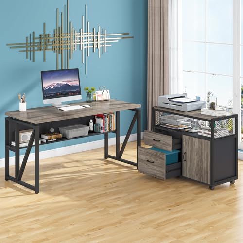 Image of Tribesigns Grey Executive Desk with Cabinet, 55 inch L Shaped Computer Desk and lateral File Cabinet with Locks, 2 Piece Home Office Furniture Set for Hanging