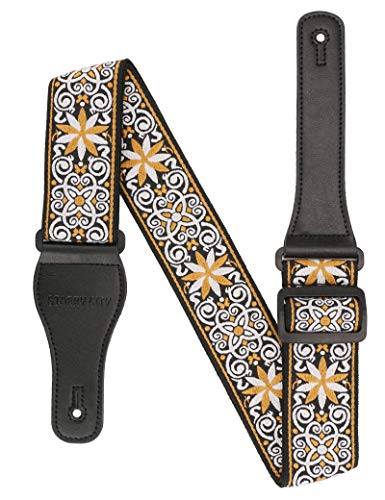 STARRYCITY Guitar Strap,Jacquard Weave Embroidered Strap,Adjustable Woven Guitar Strap 60 s,For Kids and adults,For Bass,Electric & Acoustic Includes 2 Strap Safety Locks & 4 Picks (yellow white)