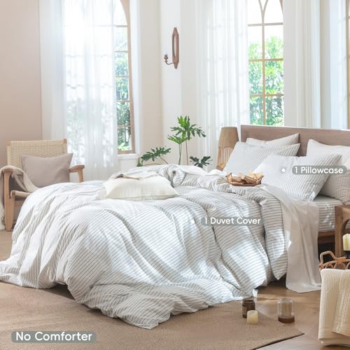 Image of MooMee Striped Duvet Cover Set 100% Washed Cotton Linen Like Twin | Relaxed Linen-like Texture. Soft, Breathable & Long-lasting Comfort. Lightweight. Hidden Zipper with 8 Interior Corner Ties