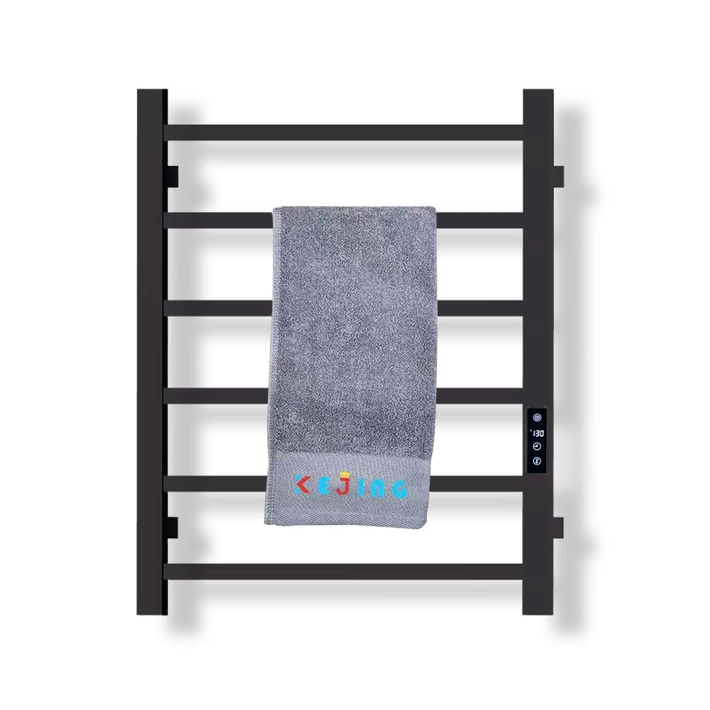 Towel Warmer Heated Towel Rack Bathroom Towel Rack Wall Mount Plug-in/ 6 Bar Square Tube Bath Towel Heater (Matt Black- Timer)