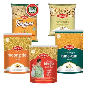 Bikaji Snacks Combo – SALTED PEANUT & BHUJIA & TANA-TAN (Aloo Bhujia) & FALHARI MIX & Moong Dal | 5 Pack Variety | Bar Snacks, Party Mix & Tea-Time Treats – 1000g
