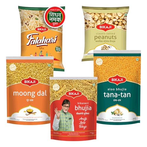 Bikaji Snacks Combo – SALTED PEANUT & BHUJIA & TANA-TAN (Aloo Bhujia) & FALHARI MIX & Moong Dal | 5 Pack Variety | Bar Snacks, Party Mix & Tea-Time Treats – 1000g
